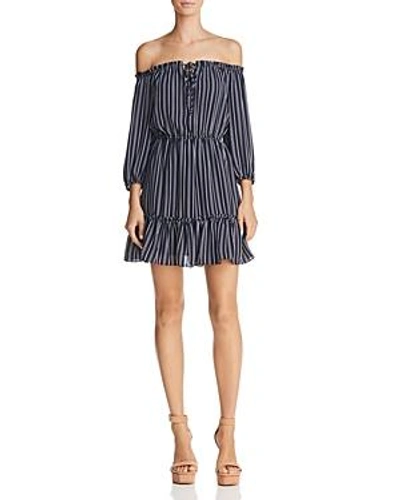 Shop Bb Dakota Mckenna Striped Off-the-shoulder Dress In Navy