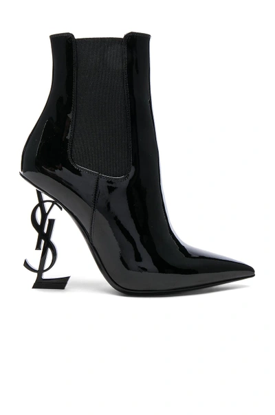 Shop Saint Laurent Patent Opium Monogramme Heeled Boots In Black & Black