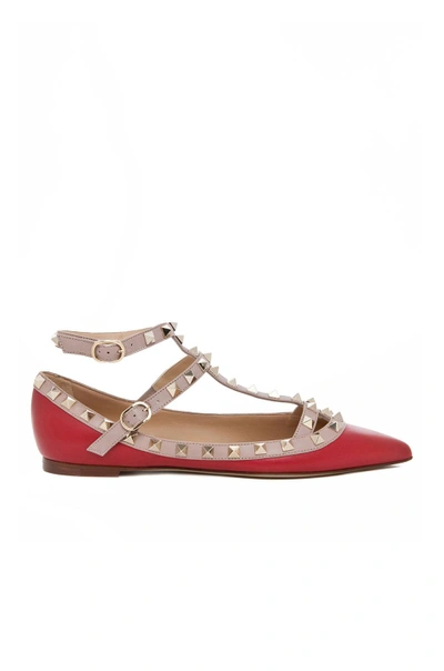 Shop Valentino Rockstud Leather Cage Flats In Red