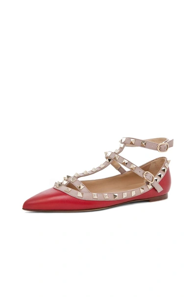 Shop Valentino Rockstud Leather Cage Flats In Red