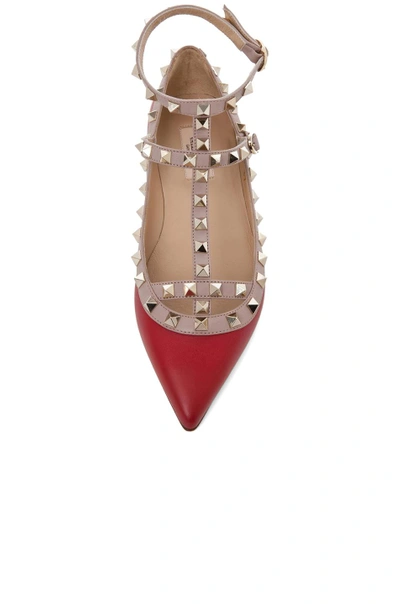 Shop Valentino Rockstud Leather Cage Flats In Red