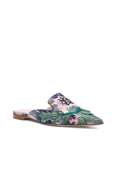 Shop Alberta Ferretti Flower Embroidered Plaid Mules In Blue & White