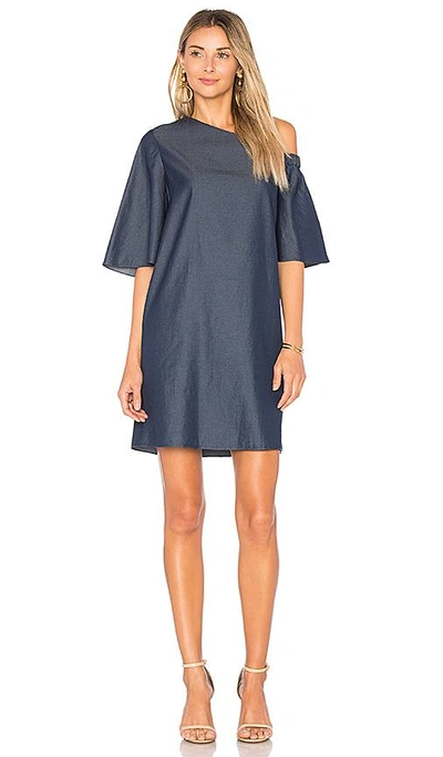 Shop Tibi One Shoulder Bell Sleeve Dress In Dark Denim