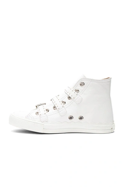 Shop Chloé Chloe Kyle Semi-shiny Calf Leather Buckle Sneakers In White