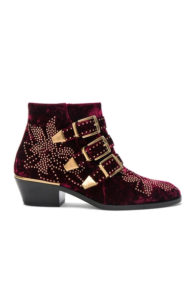 Shop Chloé Chloe Studded Textured Velvet  Susanna Booties In Red