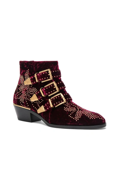 Shop Chloé Chloe Studded Textured Velvet  Susanna Booties In Red