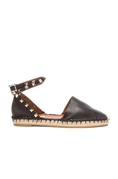 Shop Valentino Rockstud Double Flat Leather Espadrilles In Black