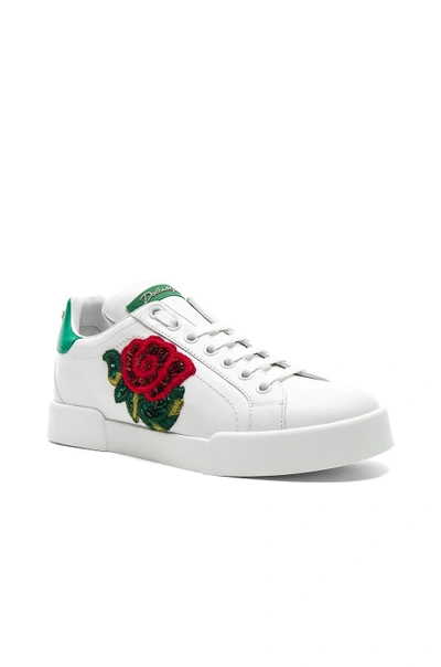 Shop Dolce & Gabbana Sequin Rose Leather Sneaker In White,floral