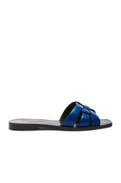 Shop Saint Laurent Leather Nu Pieds Slides In Blue