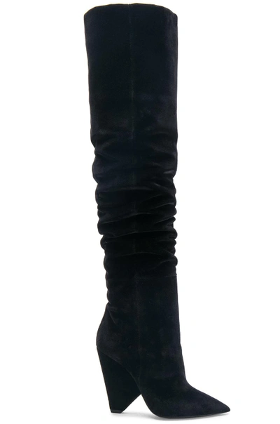 Shop Saint Laurent Niki Velvet Thigh High Boots In Black