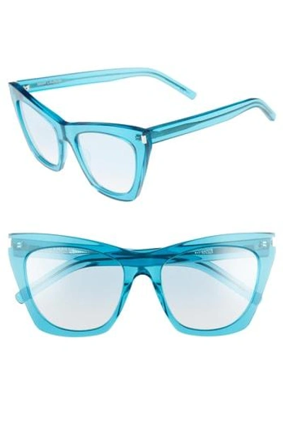 Shop Saint Laurent Kate 55mm Cat Eye Sunglasses - Turquoise