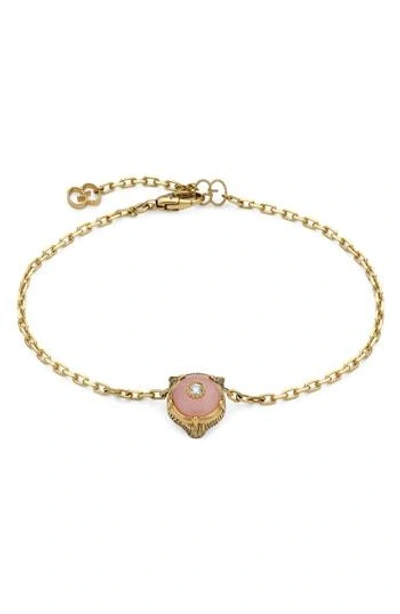Shop Gucci Le Marche Des Merveilles Feline Head Reversible Bracelet In Yellow Gold/ Pink Opal