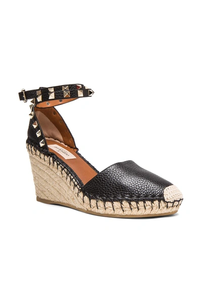 Shop Valentino Rockstud Double Espadrille Leather Wedges In Black