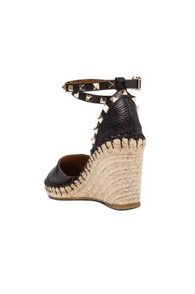 Shop Valentino Rockstud Double Espadrille Leather Wedges In Black