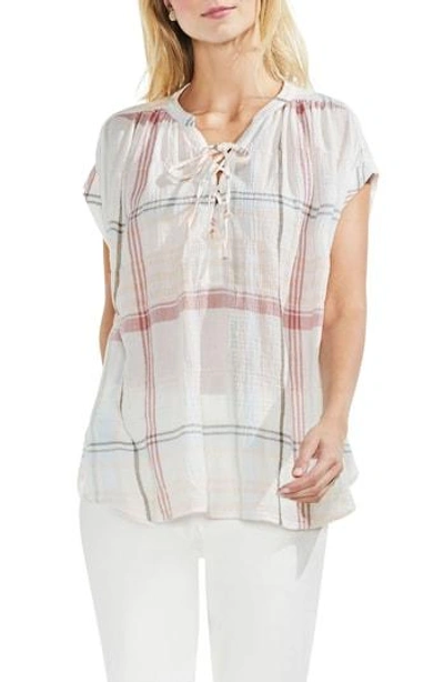 Shop Vince Camuto Lace-up Plaid Top In French Peach