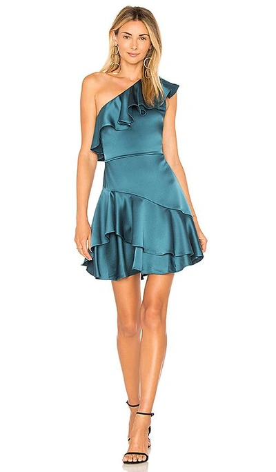 Shop Halston Heritage One Shoulder Flounce Dress In Teal. In Peacock