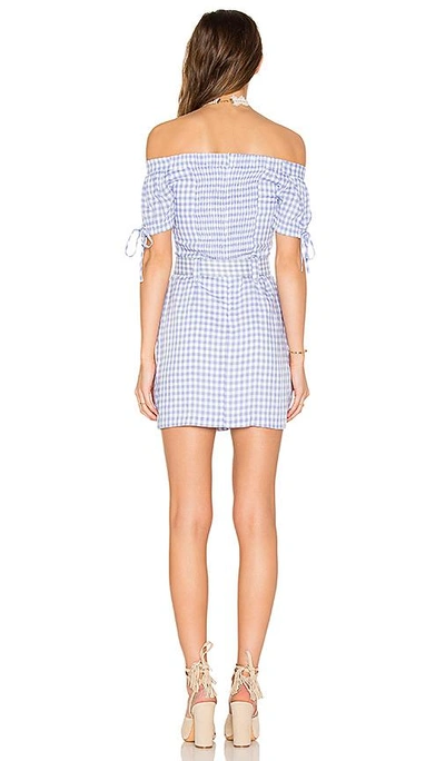 Shop Endless Rose Off The Shoulder Plaid Dress With Belt In Blue