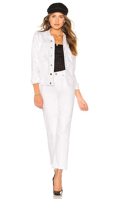 L Agence Janelle Slim Cropped Jean Jacket With Raw Hem In Blanc Distressed