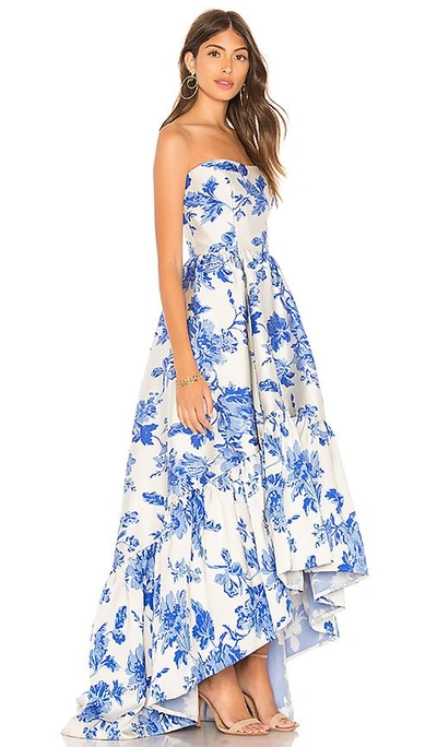 Mestiza Georgiana Floral High/low Strapless Gown In Porcelain Blue