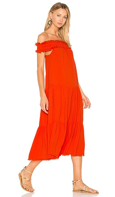 Shop Raquel Allegra Off Shoulder Shirred Dress In Orange