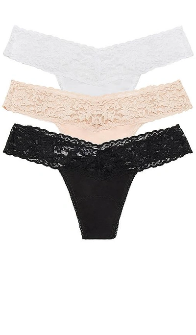 Hanky Panky Three-pack Original-rise Organic Cotton Thongs In Black & White & Chai