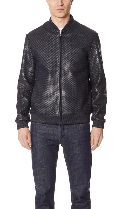 Shop Theory Woven Leather Bomber Jacket In Eclipse
