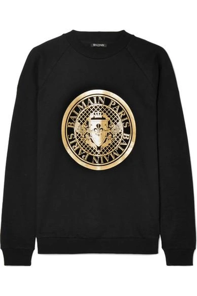 Shop Balmain Printed Cotton-jersey Sweatshirt In Black