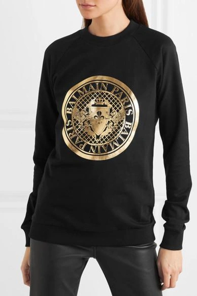 Shop Balmain Printed Cotton-jersey Sweatshirt In Black