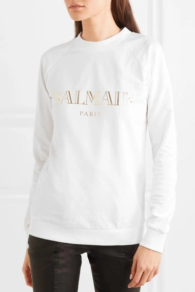 Shop Balmain Printed Cotton-jersey Sweatshirt In White