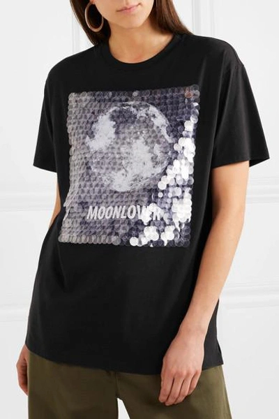 Shop Valentino Embellished Printed Cotton-jersey T-shirt In Black