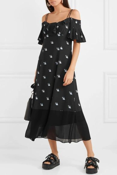 Shop Mcq By Alexander Mcqueen Cold-shoulder Chiffon-paneled Printed Crepe De Chine Dress In Midnight Blue