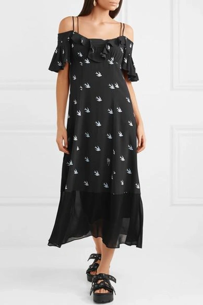 Shop Mcq By Alexander Mcqueen Cold-shoulder Chiffon-paneled Printed Crepe De Chine Dress In Midnight Blue