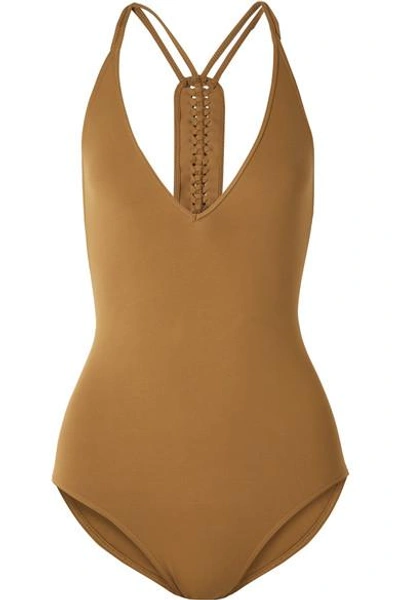 Shop Eres Close Up Mirella Braid-trimmed Swimsuit In Tan