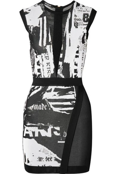 Shop Balmain Mesh-paneled Jacquard-knit Mini Dress In Black