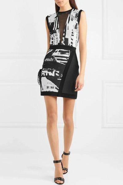 Shop Balmain Mesh-paneled Jacquard-knit Mini Dress In Black