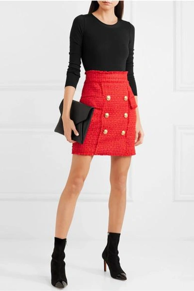 Shop Balmain Frayed Tweed Mini Skirt In Red