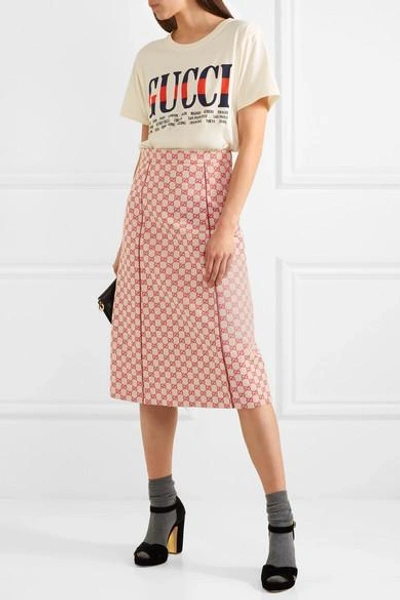 Shop Gucci Printed Cotton-blend Canvas Midi Skirt In Red