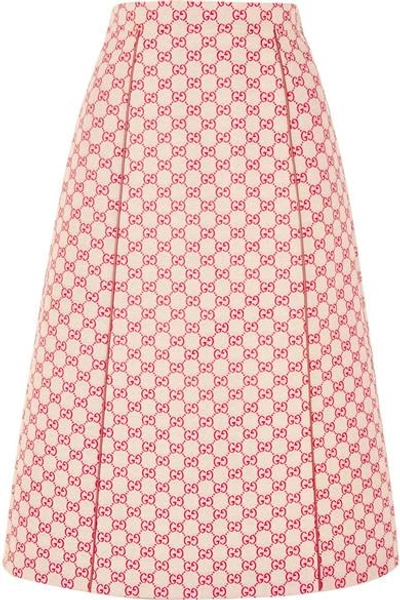 Shop Gucci Printed Cotton-blend Canvas Midi Skirt In Red