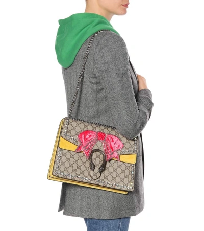 Shop Gucci Dionysus Gg Supreme Medium Embellished Shoulder Bag In Beige
