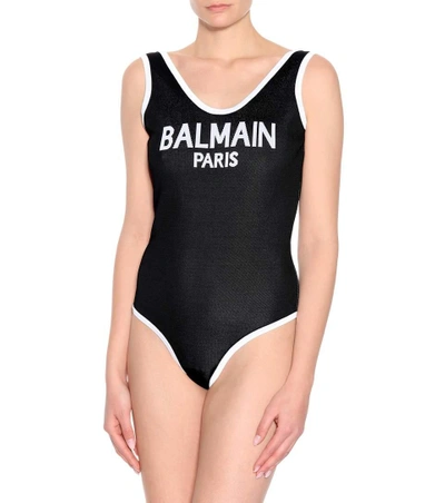 Shop Balmain Logo Printed Jersey Bodysuit In Black