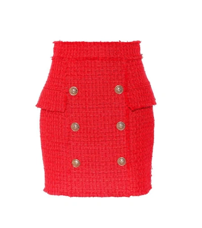 Shop Balmain Tweed Miniskirt In Red