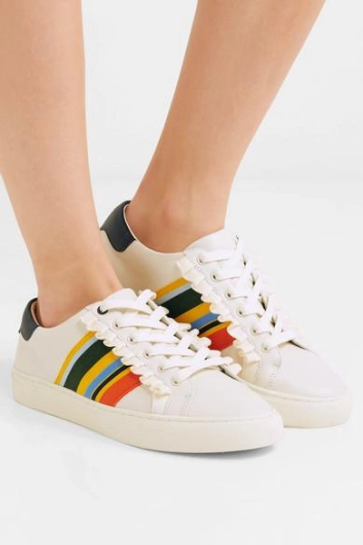 Shop Tory Burch Striped Leather Sneakers In White