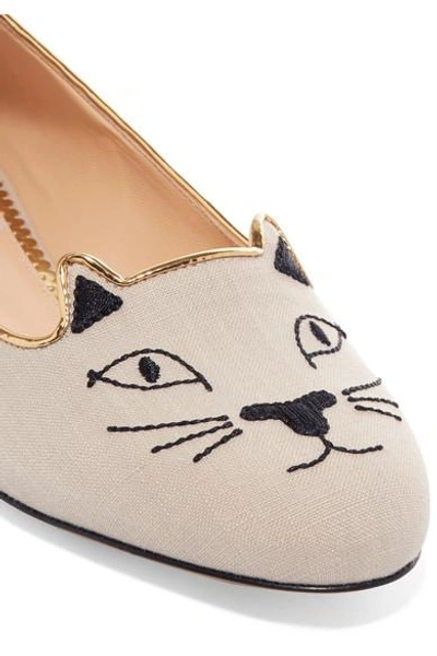 Shop Charlotte Olympia Kitty Embroidered Canvas Slippers In Beige
