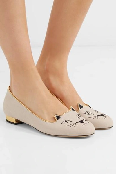 Shop Charlotte Olympia Kitty Embroidered Canvas Slippers In Beige