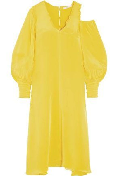 Shop Tibi Woman Edwardian One-shoulder Ruffle-trimmed Silk Crepe De Chine Midi Dress Bright Yellow