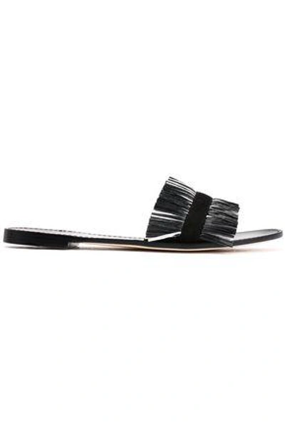 Shop Diane Von Furstenberg Woman Suede And Raffia Slides Black