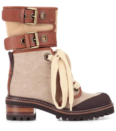 Shop See By Chloé Canvas And Suede Ankle Boots In Beige