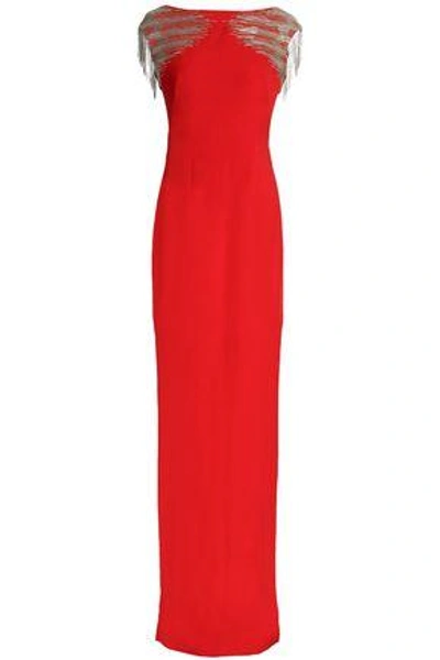 Shop Amanda Wakeley Fringed Embellished Crepe Gown In Red