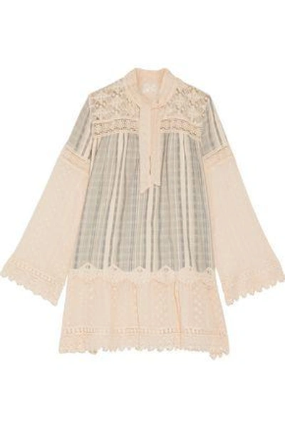 Shop Anna Sui Woman Lace-paneled Striped Cotton-gauze Mini Dress Ecru