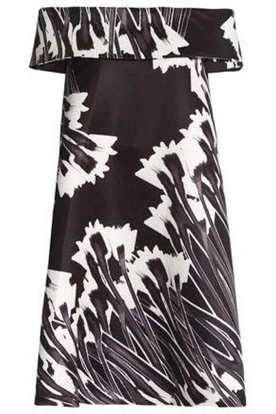 Shop Halston Heritage Woman Off-the-shoulder Printed Twill Mini Dress Dark Brown
